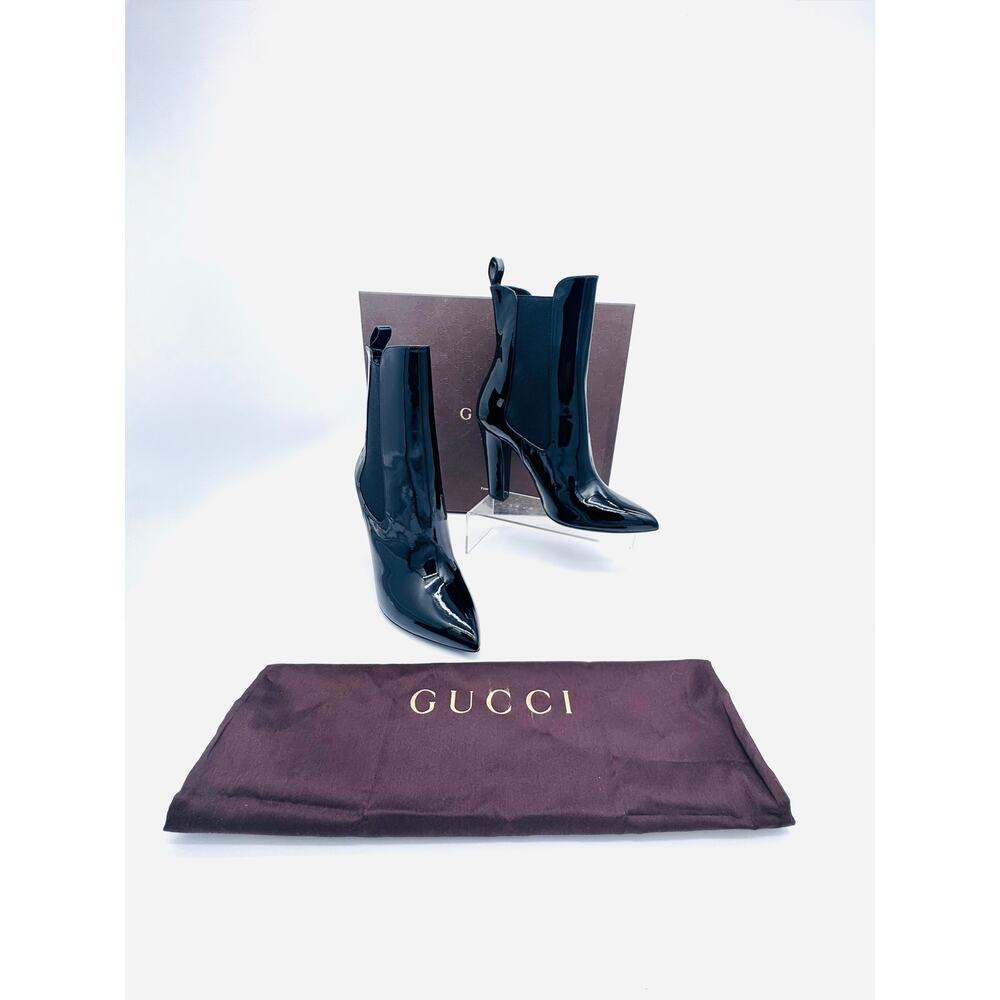 Gucci Black Patent Leather Chelsea Boots Pointed Toe Block Heel 39.5 - Picture 2 of 12